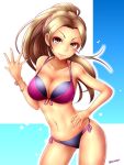  1girl bikini breasts brown_eyes brown_hair cleavage earrings female idolmaster idolmaster_cinderella_girls jewelry long_hair looking_at_viewer matsunaga_ryou ponytail smile solo swimsuit teirettei 