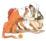  1girl animal anklet barefoot black_hair eye_contact fangs final_fantasy final_fantasy_vii fire headband jewelry looking_at_another matsuri6373 midriff navel open_mouth red_xiii redhead ribbon shorts smile squatting tail tank_top towel towel_on_head yuffie_kisaragi 
