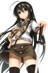  1girl ahoge alastor_(shakugan_no_shana) black_hair brown_eyes gundam00uc hand_on_hip jewelry long_hair midriff navel panty_peek parted_lips pendant school_uniform serafuku shakugan_no_shana shana standing sword thigh-highs weapon 