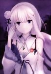  1girl bare_shoulders black_ribbon braid closed_mouth commentary detached_collar detached_sleeves dyolf emilia_(re:zero) flower frilled_sleeves frills hair_flower hair_ornament hair_ribbon hair_tucking jewelry long_hair long_sleeves looking_at_viewer pendant re:zero_kara_hajimeru_isekai_seikatsu ribbon silver_hair smile solo upper_body violet_eyes wide_sleeves 