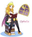 1girl ahoge blonde_hair blue_eyes book book_stack breasts cape character_name circlet cleavage fire_emblem fire_emblem_if full_body high_heels holding holding_book indoors long_hair looking_at_viewer open_book open_mouth ophelia_(fire_emblem_if) shira_yu_ki sitting solo window 