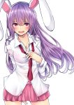  1girl animal_ears blush breasts cleavage jewelry long_hair necklace necktie open_mouth purple_hair rabbit_ears red_eyes red_necktie reisen_udongein_inaba simple_background solo touhou xe-cox 