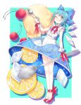  13_(spice!!) 1girl alternate_costume aqua_background aqua_eyes blue_bow blue_hair blue_skirt bow cherry cirno food food_themed_clothes frills fruit gradient gradient_background hair_between_eyes hair_bow high_heels highres ice ice_cream_scoop ice_wings navel neck_ribbon orange orange_slice red_bow red_ribbon red_shoes ribbon shirt shoe_bow shoes short_ponytail skirt sleeveless smile solo spoon tongue tongue_out touhou transparent_skirt white_shirt wings wrist_ribbon 