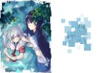  2girls armband blue_eyes blue_hair bracelet candy cover digital_dissolve fingernails from_above grey_eyes grey_hair highres hoshino_(8679643) jewelry leaf lineart lollipop looking_at_viewer lying maple_leaf multiple_girls on_stomach original school_uniform twintails wading water white_background 