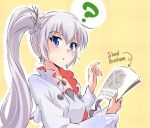  1girl ? blue_eyes blush english iesupa looking_at_viewer open_mouth rwby scar side_ponytail solo weiss_schnee white_hair 