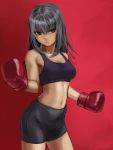  1girl alternate_costume alternate_hair_color bike_shorts black_eyes black_hair boxing_gloves breasts girls_und_panzer hettsuaa highres itsumi_erika midriff red_background short_hair solo sports_bra 