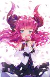  1girl asymmetrical_horns blue_eyes blush dangmill detached_sleeves fate/extra fate/extra_ccc fate/grand_order fate_(series) flower highres lancer_(fate/extra_ccc) long_hair md5_mismatch petals pink_hair pointy_ears solo star star-shaped_pupils symbol-shaped_pupils two_side_up 
