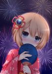  1girl aerial_fireworks blanc blue_eyes brown_hair candy_apple fan fireworks floral_print haru_blanc0316 highres japanese_clothes kimono looking_at_viewer neptune_(series) night night_sky paper_fan short_hair sky solo yukata 