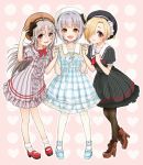  3girls ahoge beret black_legwear blonde_hair braid brown_eyes dress full_body girl_sandwich hair_over_one_eye hat high_heels holding holding_hands hoshi_shouko idolmaster idolmaster_cinderella_girls jpeg_artifacts koshimizu_sachiko long_hair mary_janes multiple_girls open_mouth pantyhose pinstripe_pattern plaid plaid_dress purple_hair restaint sandwiched shirasaka_koume shoes short_hair silver_hair single_braid 