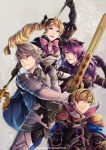  2boys 2girls armor artist_name bangs blonde_hair book bow camilla_(fire_emblem_if) cape capelet drill_hair elise_(fire_emblem_if) fire_emblem fire_emblem_if floral_background flower gauntlets gloves grey_background grey_hair hair_between_eyes hair_over_one_eye hair_ribbon hairband headpiece holding holding_book holding_sword holding_weapon leon_(fire_emblem_if) lipstick long_hair looking_at_viewer makeup male_my_unit_(fire_emblem_if) multiple_boys multiple_girls my_unit_(fire_emblem_if) open_book open_mouth orange_eyes pointy_ears purple_hair ribbon rose smile staff sword teeth twin_drills violet_eyes warutsu watermark weapon web_address 