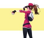  1girl ass backpack bag baseball_cap breasts brown_hair cropped_jacket female_protagonist_(pokemon_go) fingerless_gloves from_side gloves hat highres holding holding_poke_ball long_hair medium_breasts murakami_suigun outstretched_arm peaked_cap poke_ball pokemon pokemon_go pokemon_trainer ponytail profile solo 