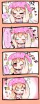  1girl 4koma :t ? american_flag_shirt blonde_hair blush closed_eyes clownpiece comic commentary_request frilled_shirt_collar frills hands hat heart highres jester_cap minigirl nakukoroni neck_ruff one_eye_closed petting polka_dot red_eyes shirt sweatdrop touhou upper_body wavy_mouth 
