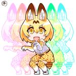  1girl afterimage animal_ears blonde_hair blush fangs gloves jinnouchi_akira kemono_friends open_mouth serval_(kemono_friends) short_hair skirt solo tail thigh-highs yellow_eyes 