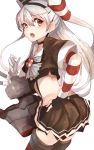  1girl absurdres adapted_costume amatsukaze_(kantai_collection) asymmetrical_gloves choker cowboy_shot crop_top elbow_gloves fang fingerless_gloves from_behind garter_straps gloves hair_tubes hand_on_hip headgear highres kantai_collection long_hair looking_at_viewer looking_back open_mouth ranf rensouhou-kun short_sleeves silver_hair simple_background skirt solo striped striped_gloves thigh-highs two_side_up uneven_eyes white_background white_gloves yellow_eyes 