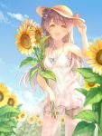  1girl :d bow brown_eyes brown_hair clouds cloudy_sky dress field flower flower_field hair_bow hat long_hair love_live! love_live!_school_idol_project minami_kotori one_side_up open_mouth rio_(9251843) see-through sky smile solo sunflower white_dress 
