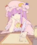  1girl bored bow breasts cleavage crescent crescent_hair_ornament desk dress hair_bow hair_ornament hat long_hair miyo_(ranthath) mob_cap patchouli_knowledge purple_hair quill sitting sketch solo striped striped_dress touhou violet_eyes writing 