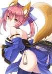  1girl animal_ears ass breasts brown_eyes caster_(fate/extra) choker detached_sleeves fate/extra fate_(series) fox_ears fox_tail long_hair looking_at_viewer pink_hair smile solo tail twintails white_background yuzu-aki 
