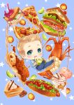  1boy blonde_hair blue_eyes cake casual chibi ee0418 food hot_dog ice_cream lime_(fruit) lobster marvel pasta pie pizza sandwich solo steve_rogers 