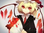  1girl blonde_hair blood blood_on_face bloody_tears bouquet eyebrows eyebrows_visible_through_hair flandre_scarlet flower formal hair_between_eyes hat hat_ribbon highres looking_at_viewer mob_cap necktie petals red_eyes red_necktie red_ribbon ribbon side_ponytail solo suit touhou upper_body white_background wings yamaarashi_(kakamiaku) 