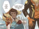  1boy 2girls androgynous blanche_(pokemon) blonde_hair candela_(pokemon) comic dark_skin english flareon injury multiple_girls numina pokemon pokemon_(creature) pokemon_go rubble silver_hair spark_(pokemon) vaporeon watermark yellow_eyes 