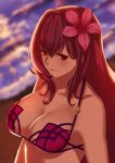  1girl bikini breasts cleavage collarbone fate/grand_order fate_(series) flower hair_flower hair_ornament jacky5493 long_hair looking_to_the_side red_eyes scathach_(fate/grand_order) solo swimsuit water 