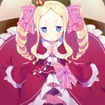  1girl beatrice_(re:zero) blonde_hair blue_eyes crown dress drill_hair hair_ribbon hiyo_kiki long_hair looking_at_viewer mini_crown no_legwear re:zero_kara_hajimeru_isekai_seikatsu ribbon solo symbol-shaped_pupils twin_drills twintails 