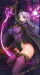  1girl blue_eyes braid breasts cape caster covered_navel covered_nipples dagger evan_yang fate/stay_night fate_(series) highres hood hood_down large_breasts long_hair pointy_ears purple_hair rulebreaker single_braid solo thigh-highs weapon 