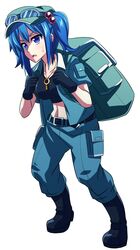  &gt;:o 1girl :o adapted_costume backpack bag blue_eyes blue_hair boots breasts cabbie_hat full_body goggles goggles_on_headwear hair_bobbles hair_ornament hat highres jacket kawashiro_nitori key medium_breasts midriff navel open_clothes open_jacket pants rubber_boots solo sweat tanakara tank_top touhou twintails white_background 