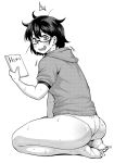  /\/\/\ 1girl ass barefoot drooling from_side glasses highres looking_at_viewer looking_back seiza short_hair simple_background sitting solo surprised synecdoche thighs white_background 