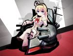  1girl blonde_hair blue_eyes braid chibi crossed_legs french_braid hairband kantai_collection kuro_nasu long_hair looking_at_viewer machinery smile solo turret warspite_(kantai_collection) 