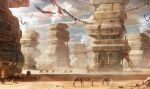  akamidoriao_(rgb) bird camel city clouds desert fire flag flying original sand scenery sky tower 