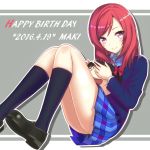  2016 2girls birthday black_hair blue_shirt bow character_doll closed_eyes commentary_request dated doll english grey_background hair_bow holding_doll howl&#039;s_moving_castle_(novel) knees_up long_hair love_live! love_live!_school_idol_project multiple_girls nishikino_maki open_mouth plaid plaid_skirt redhead school_uniform shirt shoes sitting skirt smile socks sweater takamiya_nao twintails violet_eyes yazawa_nico 