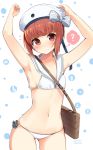  1girl 2016 ? anchor armpits arms_up bag bikini blush bow breasts brown_eyes brown_hair character_name cowboy_shot dated flying_sweatdrops hair_bow hat kantai_collection looking_at_viewer navel sailor_bikini sailor_collar sasahara_wakaba short_hair shoulder_bag signature small_breasts smiley_face solo stomach striped striped_bow swimsuit twitter_username white_bikini white_hat z3_max_schultz_(kantai_collection) 