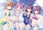  4girls adjusting_clothes adjusting_swimsuit ahoge akebono_(kantai_collection) alternate_costume animal animal_on_shoulder aqua_swimsuit arm_at_side ass ass_visible_through_thighs bell bikini blue_hair blue_swimsuit breasts brown_eyes clouds cloudy_sky collarbone covered_navel crab dutch_angle eyebrows eyebrows_visible_through_hair frills from_side hair_between_eyes hair_bobbles hair_ornament halter_top halterneck hand_on_hip innertube jingle_bell kantai_collection kotatsu_(kotatsu358) light_brown_eyes light_brown_hair light_smile lips long_hair looking_at_viewer medium_breasts midriff multiple_girls navel oboro_(kantai_collection) one-piece_swimsuit open_mouth outdoors outstretched_hand parted_lips pink_eyes pink_hair polka_dot polka_dot_innertube polka_dot_swimsuit purple_bikini purple_hair rabbit sazanami_(kantai_collection) short_hair short_twintails side-tie_bikini side_ponytail sky small_breasts swimsuit thighs twintails ushio_(kantai_collection) violet_eyes 