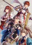  1boy 3girls armor artist_name bangs bow brother_and_sister cape cherry_blossoms eyebrows eyebrows_visible_through_hair female_my_unit_(fire_emblem_if) fingerless_gloves fire_emblem fire_emblem_if floral_background flower gloves grey_background hair_between_eyes hairband hand_up high_ponytail hinoka_(fire_emblem_if) holding holding_weapon long_hair looking_at_viewer looking_up multiple_girls my_unit_(fire_emblem_if) naginata obi orange_eyes pointy_ears polearm ponytail redhead ribbon sakura_(fire_emblem_if) sash short_hair siblings sisters staff sword takumi_(fire_emblem_if) warutsu watermark wavy_hair weapon web_address white_gloves 