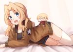  2girls bangs bed_sheet black_shirt blank_eyes blonde_hair blue_eyes bomber_jacket braid chibi darjeeling denim denim_shorts girls_und_panzer highres jacket kapatarou kay_(girls_und_panzer) long_hair looking_at_another looking_at_viewer lying multiple_girls on_side open_mouth red_jacket shirt short_hair shorts thigh-highs tied_hair twin_braids white_legwear 