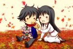  1boy 1girl autumn_leaves couple food gundam gundam_00 hetero machinosuke marina_ismail setsuna_f_seiei sweet_potato 