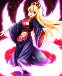  &gt;:o 1girl :o black_dress blonde_hair chinese_clothes commentary_request crescent dress energy fox_tail hat junko_(touhou) jyakariko long_hair long_sleeves looking_at_viewer multiple_tails outstretched_arms red_eyes sash solo spread_arms tabard tail touhou wide_sleeves 