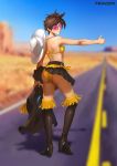  1girl ;) absurdres ass back bikini_top black_skirt blurry boots character_name cowboy_hat depth_of_field desert from_behind hat hat_around_neck highres hitchhiking looking_at_viewer looking_back one_eye_closed overwatch panties pantyshot pantyshot_(standing) pleated_skirt renyu1012 road skirt skirt_lift smile solo standing sunglasses thigh-highs thigh_boots tracer_(overwatch) underwear vest_removed wind wind_lift 