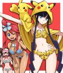  &gt;_&lt; 3girls :3 ;d bangs bent_over between_breasts bikini black_eyes black_hair blue_bikini blue_eyes blunt_bangs blush breasts cape character_hood cleavage close-up closed_eyes collarbone contrapposto cowboy_shot double_bun fuuro_(pokemon) hand_on_thigh hat hood kamitsure_(pokemon) large_breasts looking_at_viewer mei_(pokemon) multiple_girls nintendo one_eye_closed open_mouth oshawott outstretched_arm pikachu pikachu_hood pink_hat pokemoa pokemon pokemon_(creature) pokemon_(game) pokemon_bw2 red_background redhead round_teeth sidelocks simple_background small_breasts smile standing stomach swanna swimsuit teeth thigh_gap thumbs_up topknot twintails violet_eyes yellow_bikini yellow_cape 