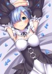 1girl arms_up bangs blue_eyes blue_hair bow breasts cleavage_cutout collar commentary_request detached_sleeves dress hair_ornament hair_over_one_eye hair_ribbon hands_together highres lying maid maid_headdress medium_breasts on_back on_bed petals re:zero_kara_hajimeru_isekai_seikatsu rem_(re:zero) ribbon short_hair smile solo takamiya_nao upper_body wide_sleeves 