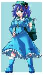  &gt;:d 1girl :d backpack bag blue_eyes blue_hair boots breasts cabbie_hat full_body hair_bobbles hair_ornament hand_on_hip hat highres kawashiro_nitori key long_skirt medium_breasts open_mouth rubber_boots skirt smile solo tanakara touhou twintails two_side_up wrench 