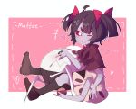  1girl ;d absurdres ahoge black_hair black_legwear bow brown_footwear character_name extra_eyes food gla grey_skin highres insect_girl looking_at_viewer monster_girl muffet muffet&#039;s_pet muffin multiple_arms one_eye_closed open_mouth pink_background pink_bow puffy_sleeves short_hair short_twintails sitting smile spider_girl twintails undertale 