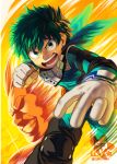  2boys all_might artist_name boku_no_hero_academia clenched_hand freckles gloves green_eyes green_hair grin isakysaku male_focus messy_hair midoriya_izuku multiple_boys projected_inset punching running shaded_face smile sparkle twitter_username watermark white_gloves 