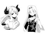  2girls ahoge_removed bare_shoulders breasts choker collarbone dark_persona dress elbow_gloves empty_eyes gloves granblue_fantasy greyscale grin hair_intakes hair_over_one_eye horns large_breasts long_hair lyria_(granblue_fantasy) monochrome multiple_girls narumeia_(granblue_fantasy) obui pointy_ears sideboob simple_background sleeveless smile white_background 