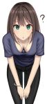  1girl ? absurdres black_hair breasts cleavage commentary_request downblouse eyebrows eyebrows_visible_through_hair green_eyes highres idolmaster idolmaster_cinderella_girls jewelry leaning_forward long_hair looking_at_viewer medium_breasts mizukoshi_(marumi) shibuya_rin shirt simple_background solo v-arms white_background 