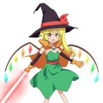  1girl blonde_hair bow cape cato_(monocatienus) cosplay crystal dragon_quest dragon_quest_iii dress elbow_gloves energy_sword eyebrows eyebrows_visible_through_hair fang flandre_scarlet gloves green_dress hat hat_bow jewelry looking_at_viewer mage_(dq3) mage_(dq3)_(cosplay) open_mouth orange_gloves red_bow red_eyes side_ponytail simple_background smile solo standing sword touhou weapon white_background witch_hat 