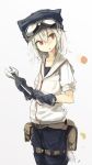  1girl beanie belt belt_pouch collarbone cowboy_shot gloves goggles hair_between_eyes hat highres hizakozouzu hood hoodie jacket looking_to_the_side original pants parted_lips red_eyes short_hair simple_background solo tail thigh_strap white_background white_hair wrench 