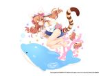  1girl animal_ears animal_hood ass barefoot brown_eyes brown_hair byulzzimon character_request fake_animal_ears feet from_behind hood inflatable_dolphin inflatable_toy jacket long_hair long_tail looking_back one-piece_swimsuit ribbon sandals sandals_removed solo swimsuit tail toes twintails 