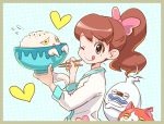  1girl blue_lips border brown_hair cat chopsticks heart high_ponytail jibanyan jjjjjj kodama_fumika licking_lips long_hair notched_ear one_eye_closed rice_bowl smile tongue tongue_out urayameshi whisper_(youkai_watch) youkai youkai_watch 